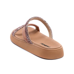 Sandália Papete Feminina Moleca Nude Tiras Strass Ouro Rosado Pron Maxxi Glitter