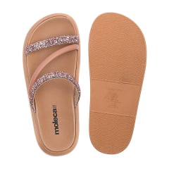 Sandália Papete Feminina Moleca Nude Tiras Strass Ouro Rosado Pron Maxxi Glitter